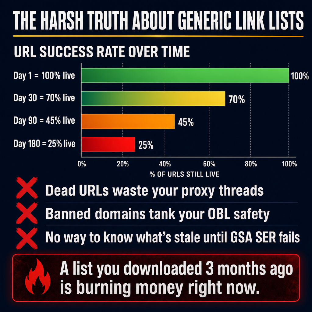URL decay rate for generic verified link lists over time — 25% live after 180 days