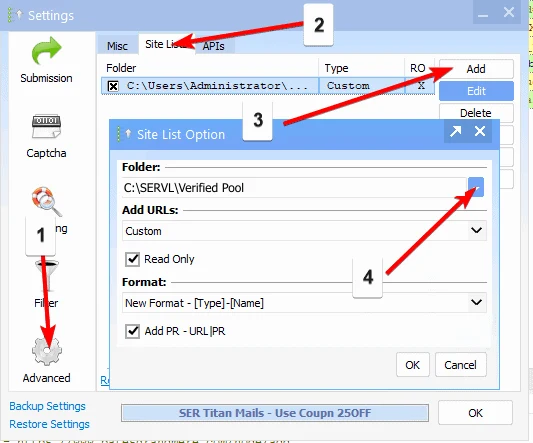 GSA SER — Advanced → Site Lists → Add, then pick the folder