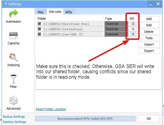 GSA SER site lists with the SERVL folders, read-only