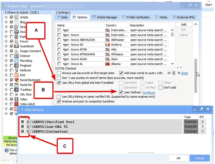 GSA SER — Use URLs from global site lists → User Defined → tick the folder