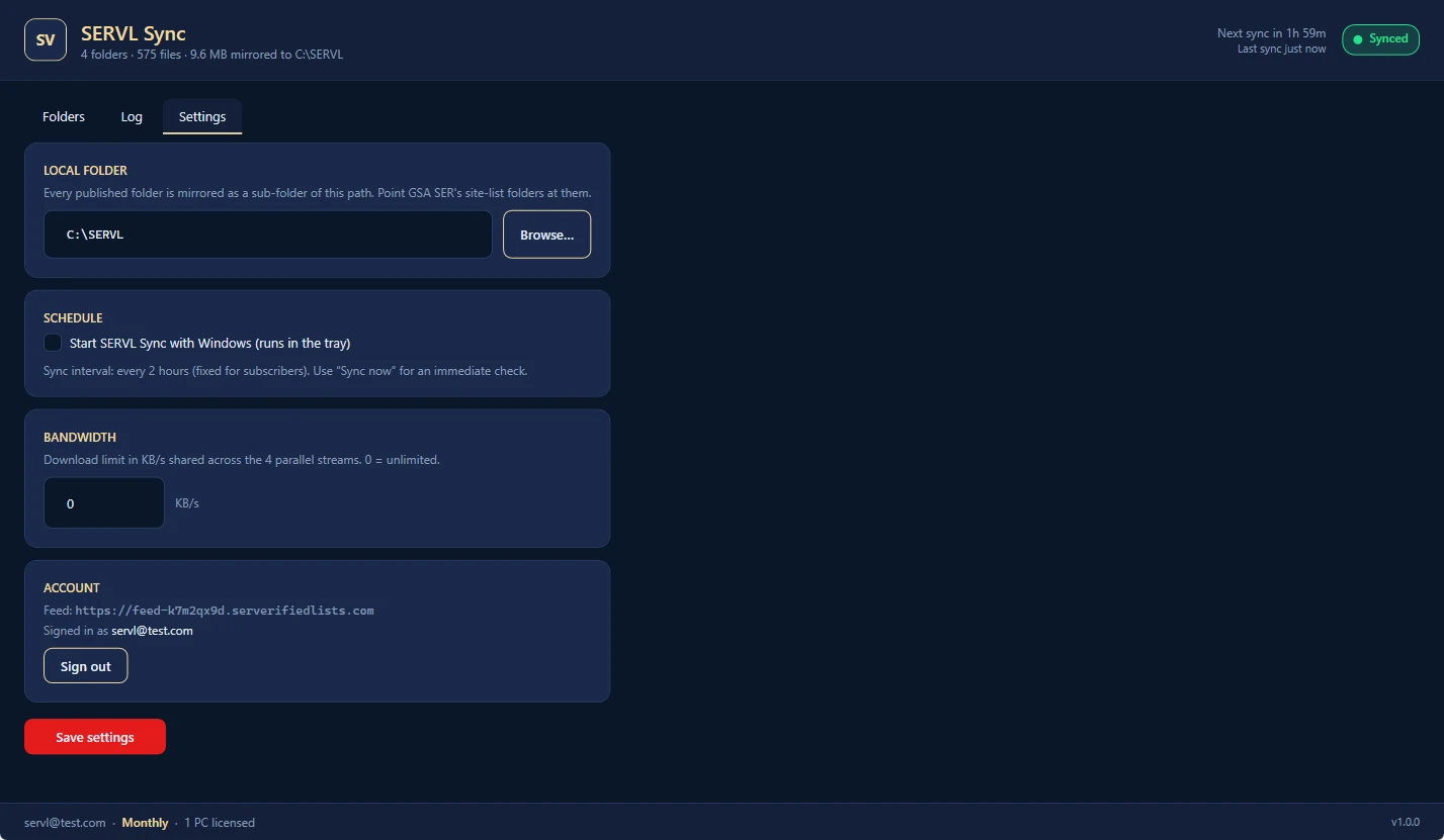 SERVL Sync — Settings tab
