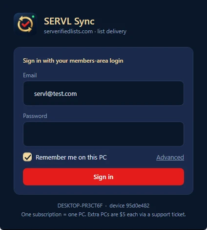 SERVL Sync sign-in window